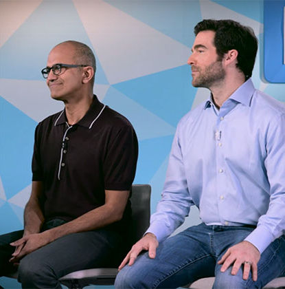 Microsoft CEO Satya Nadella (left) with LinkedIn CEO Jeff Weiner in a promo clip announcing the deal